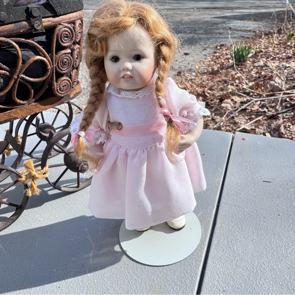 Vintage Pink and White mini Classic porcelain Doll with stand